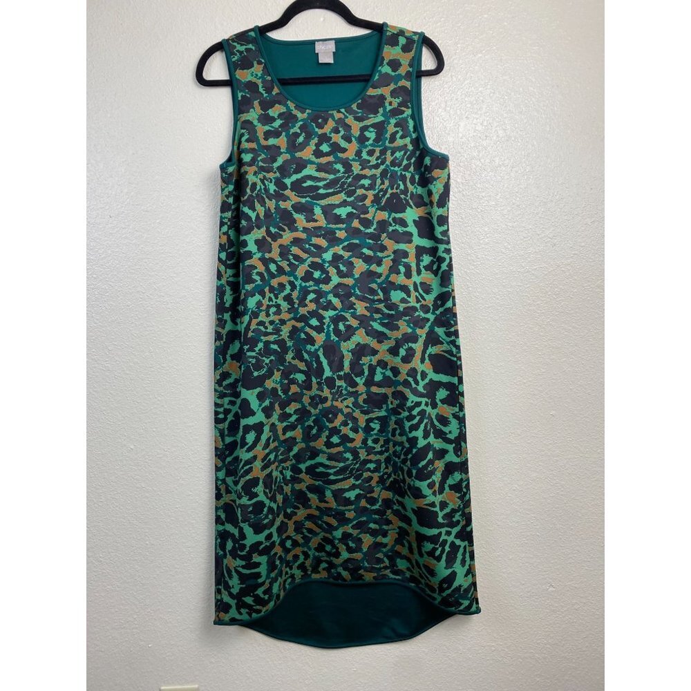 Chico's Scuba Green Midi‎ Dress Womens size 10 Leopard vacation Stretch Boho